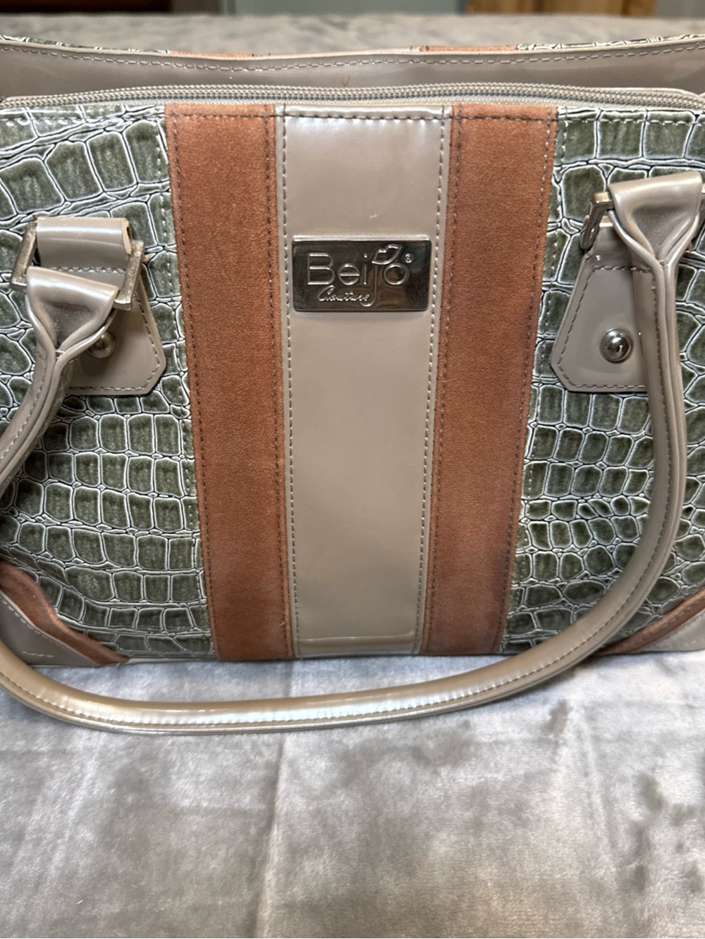 Beijo Couture Satchel Faux Crocodile Embossed Taupe Brown Y2K Purse Shoulder Bag